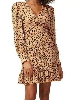 NICHOLAS Tan Leopard-Print Long Sleeve Twist Mini Dress Australian Silk